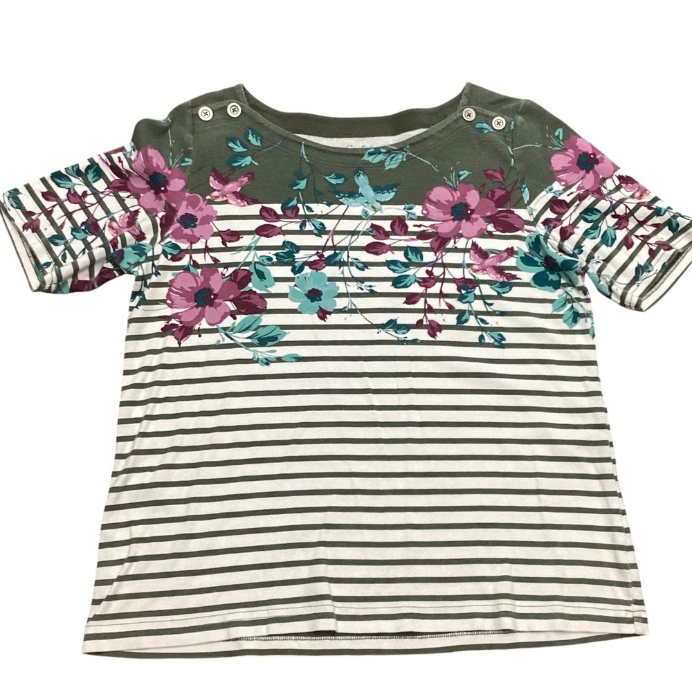 Croft & Barrow Womens Large Green Striped Floral Button Shoulder Cotton Top